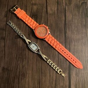 Orange Silicone Strap Watch and Gold plated Bracelet Watch